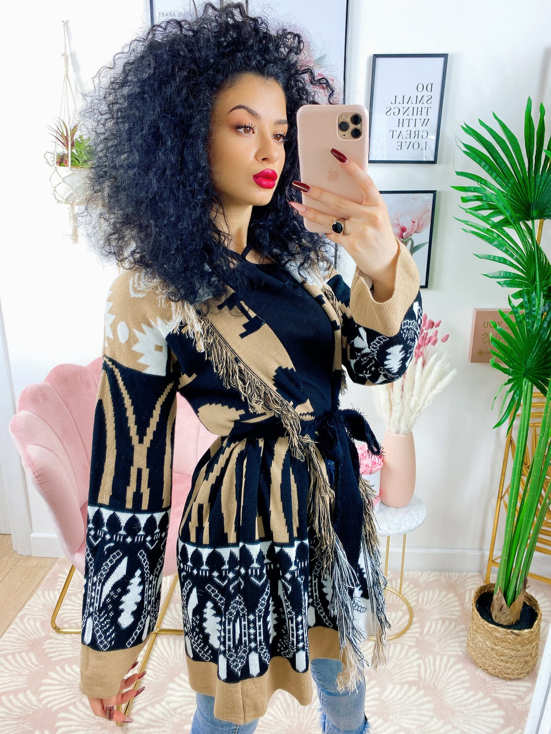 Cardigan frange e cinta beige e Black - R.a. Boutique 