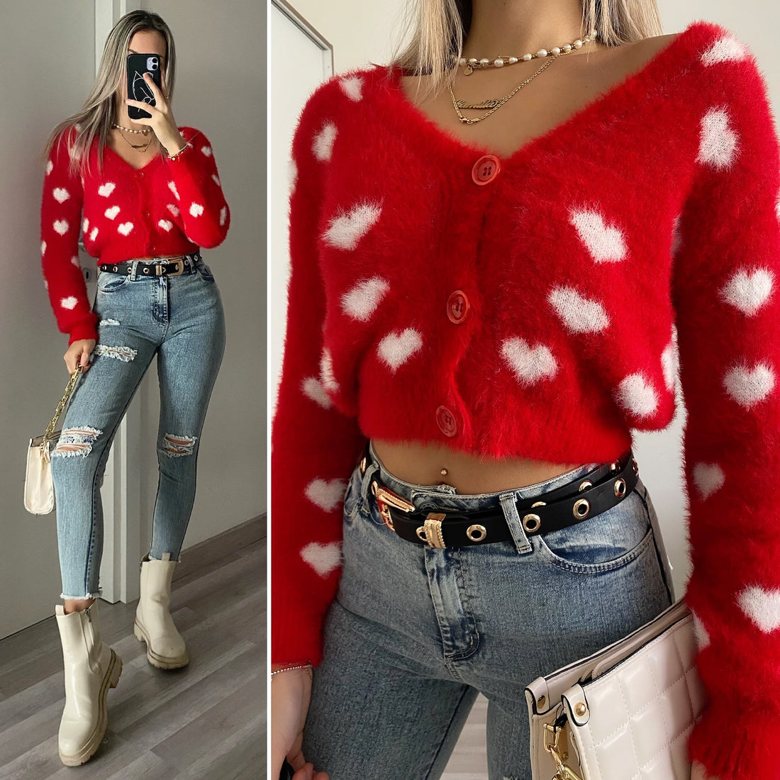 Cardigan rosso con cuori - R.a. Boutique 