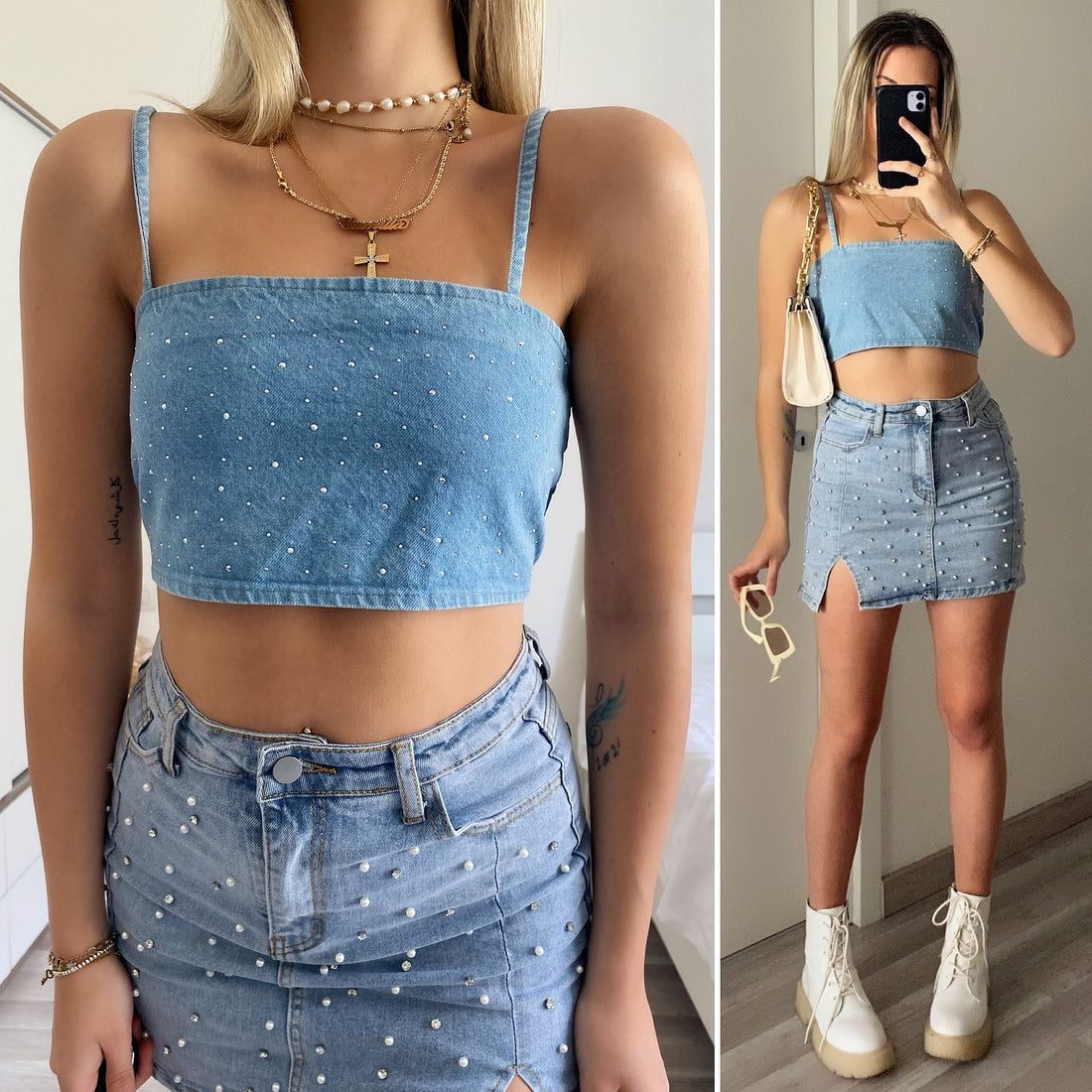 Top in jeans con strass - R.a. Boutique 