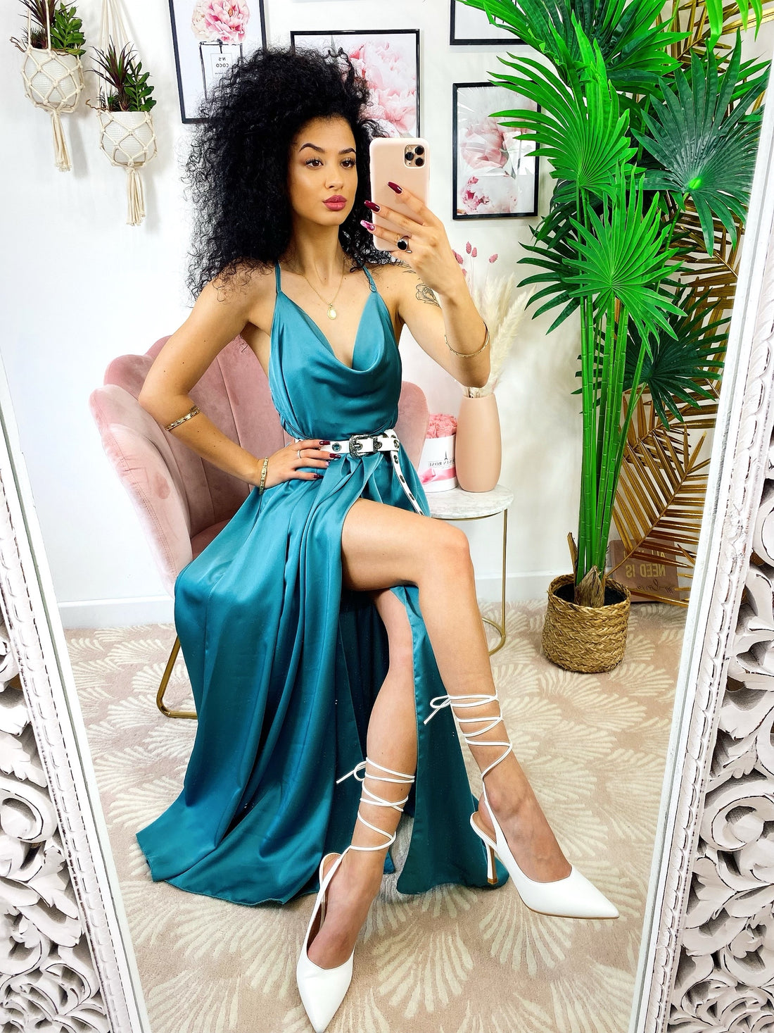 Abito midi raso con maxi spacco petrolio - R.a. Boutique 