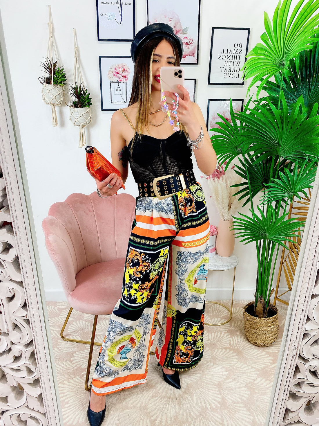 Pantalone a zampa stampa etnica Base Arancio - R.a. Boutique 