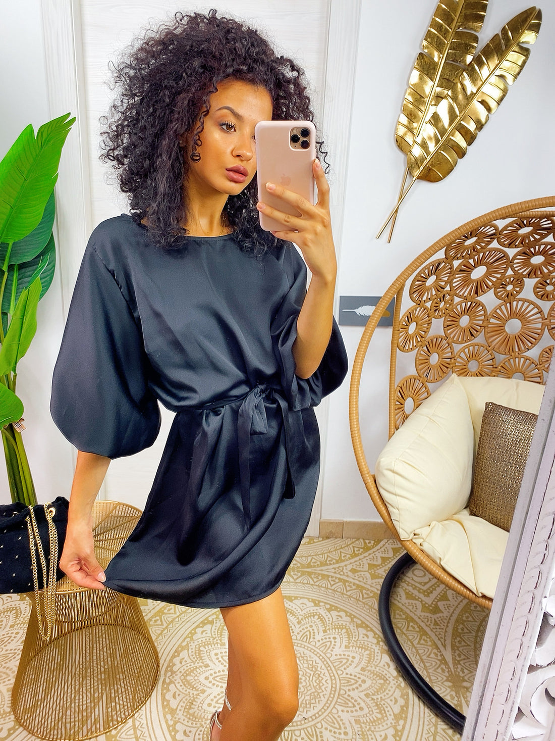 Abito in raso manica a palloncino e fusciacca nero - R.a. Boutique 