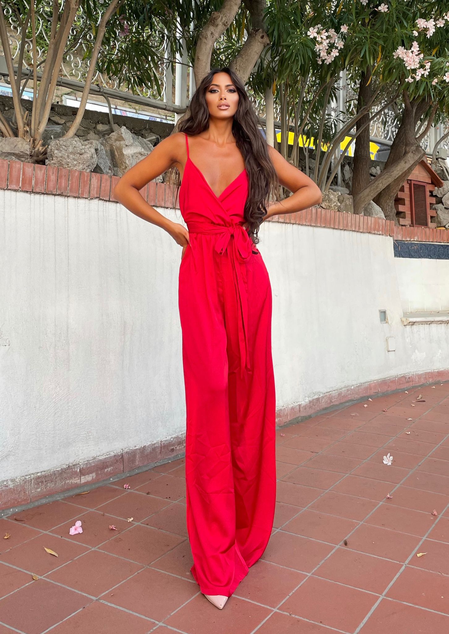 Red satin jumpsuit with crosses delivery 24 48h