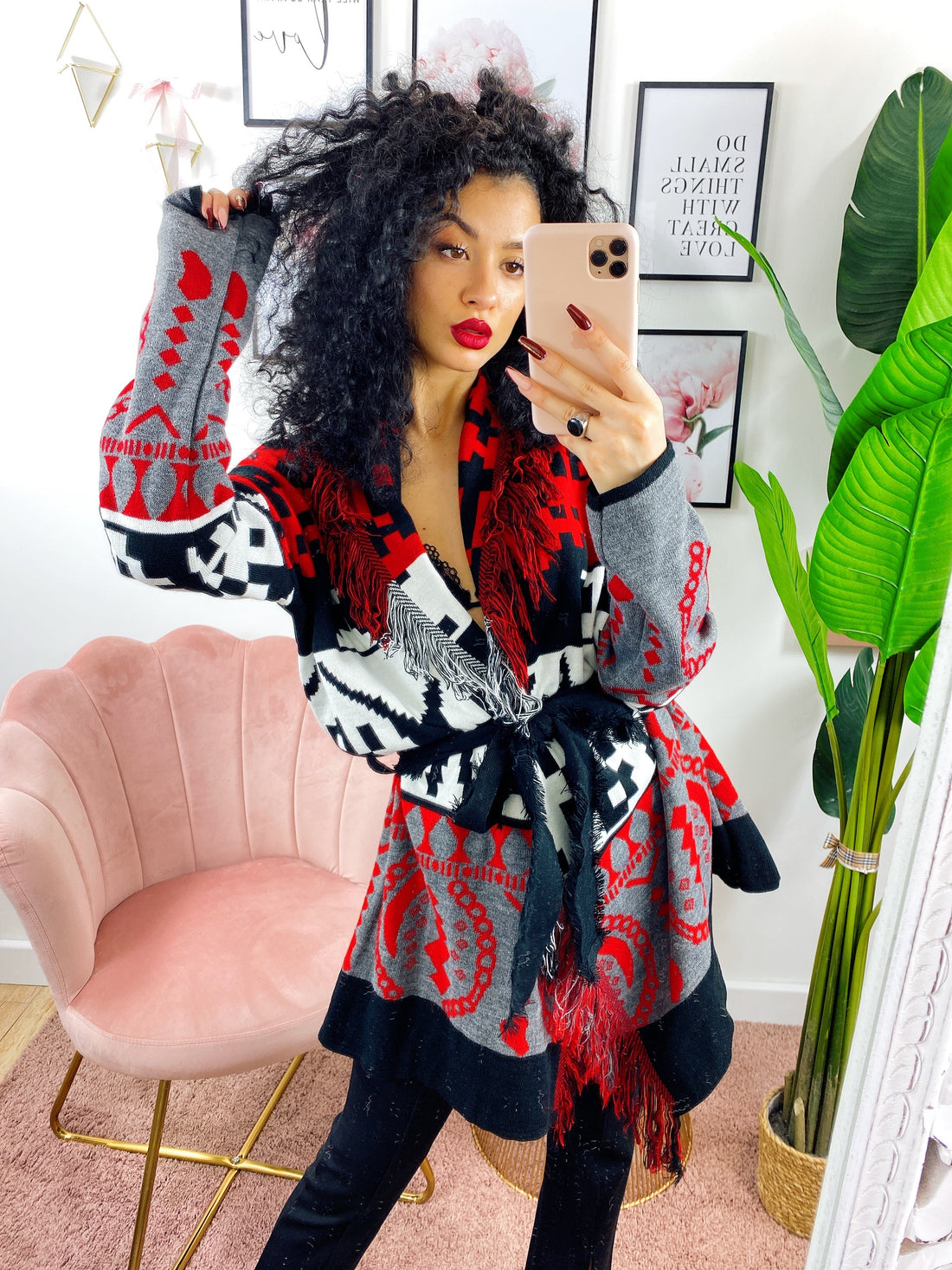 Cardigan Rosso con frange e cinta - R.a. Boutique 