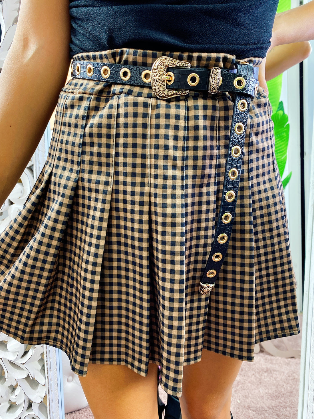 Gonna a pieghine a quadri camel e nero - R.a. Boutique 