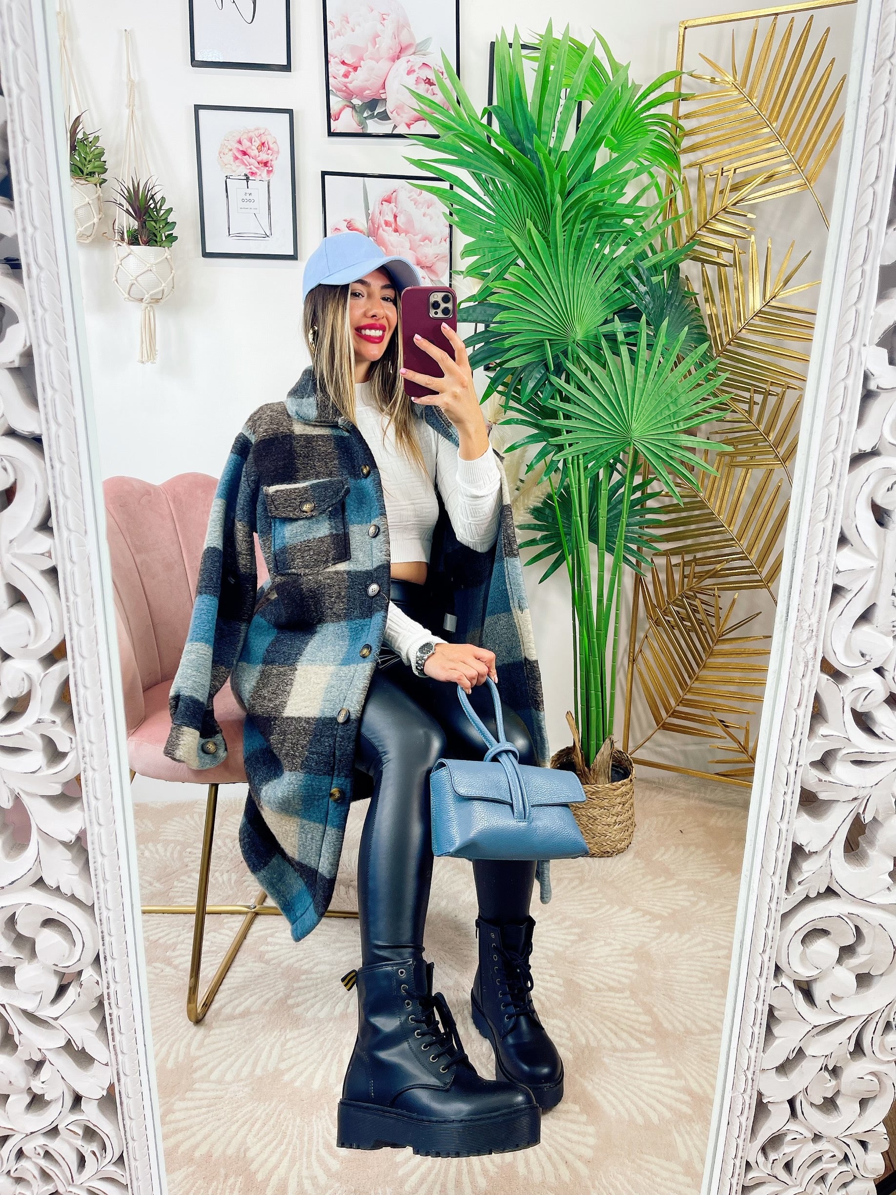 Maxi camicione a quadri nero e celeste - R.a. Boutique 