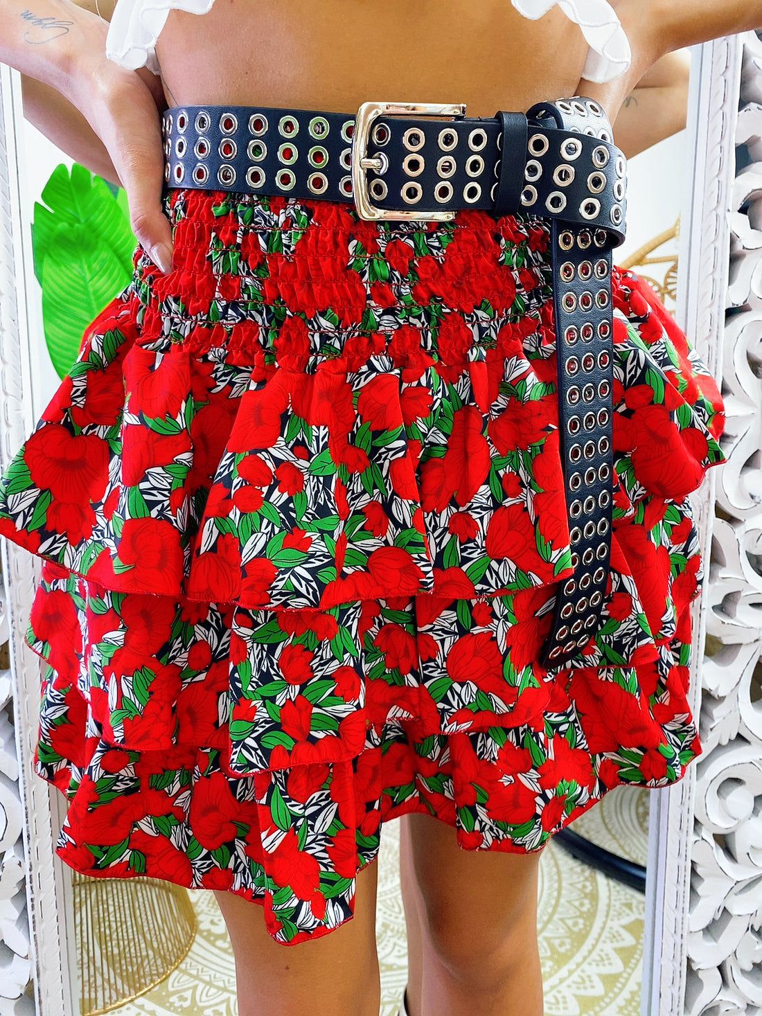 Gonna con balza fiori rossa - R.a. Boutique 