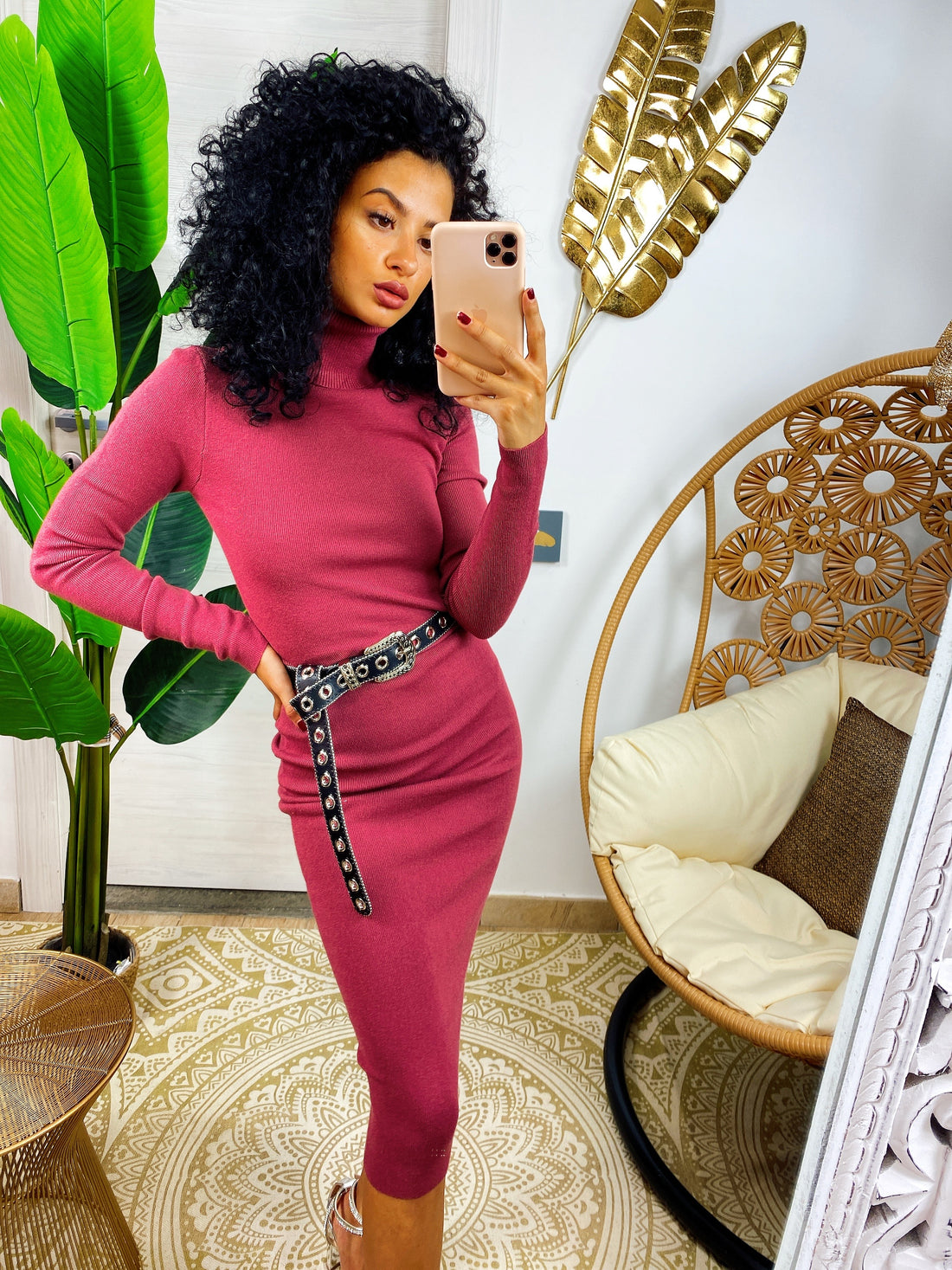 Abito midi a collo alto rosa peonia - R.a. Boutique 