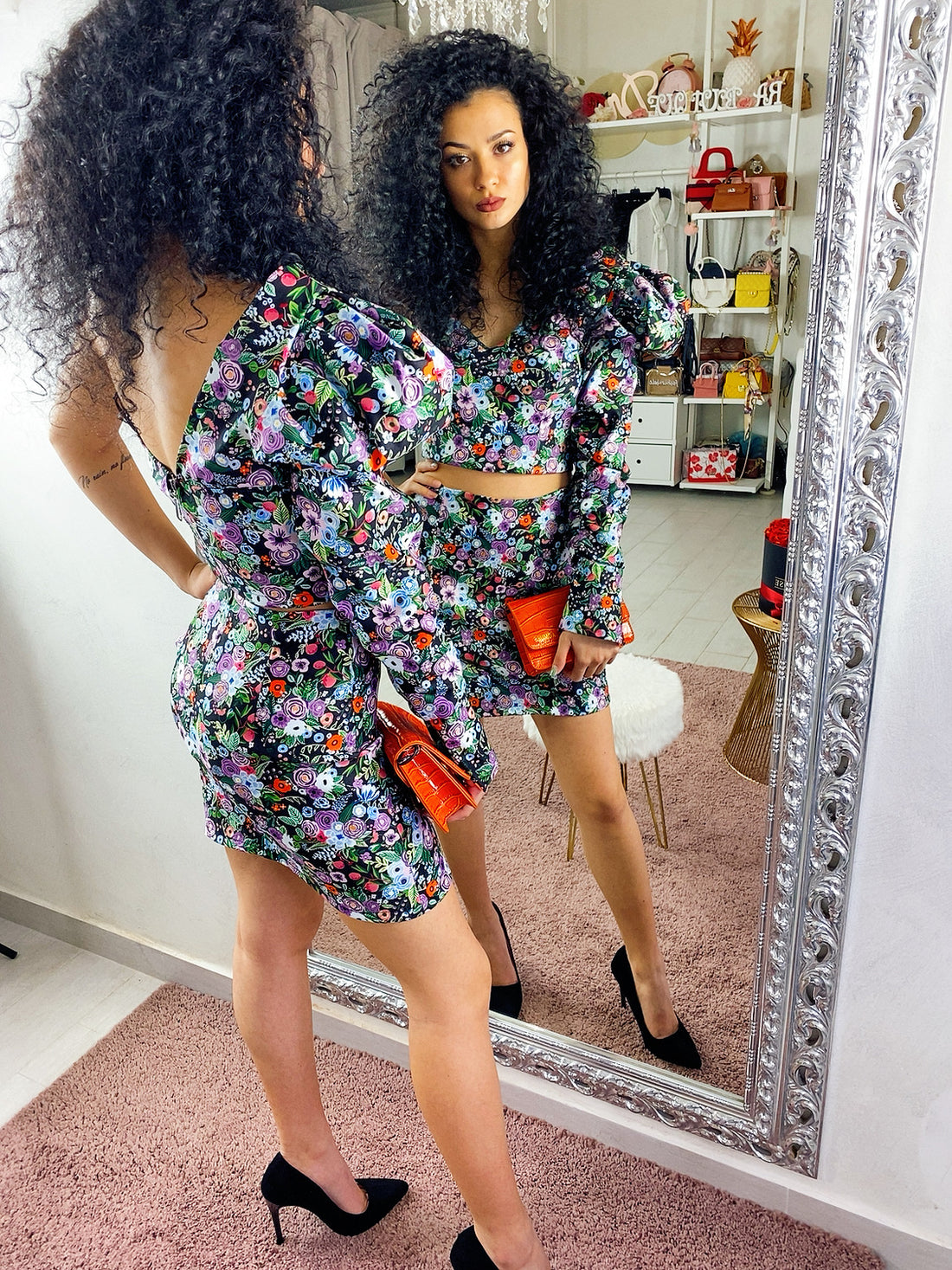 Completo top e gonna con fiori viola manica bombata - R.a. Boutique 