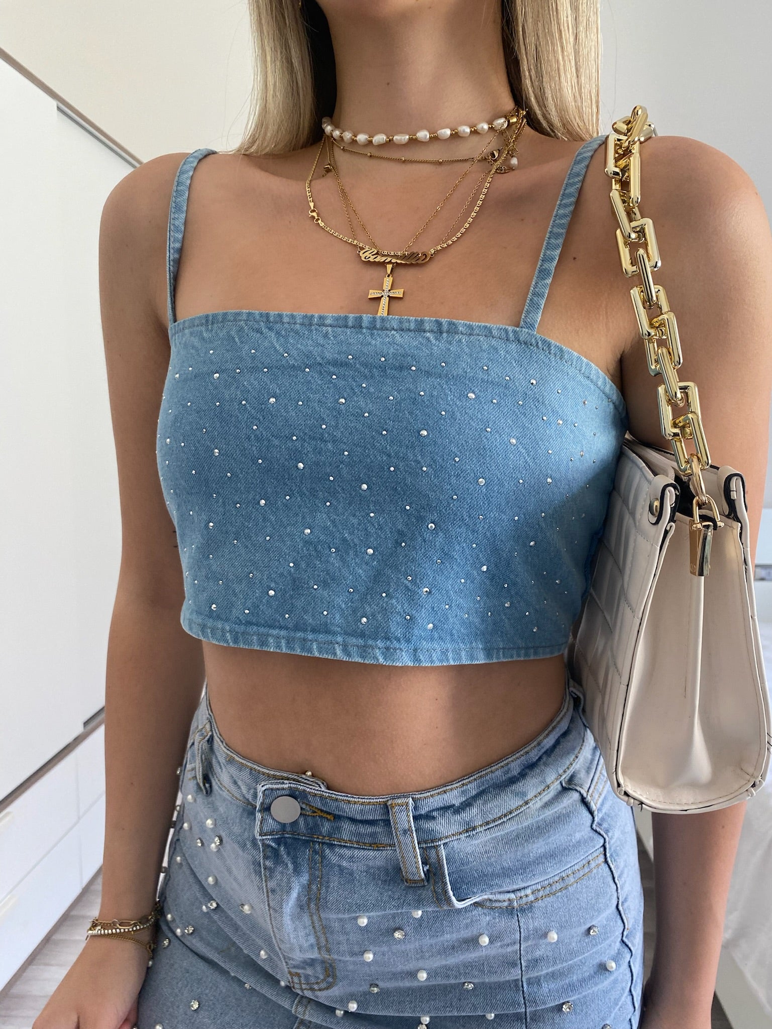Top in jeans con strass - R.a. Boutique 