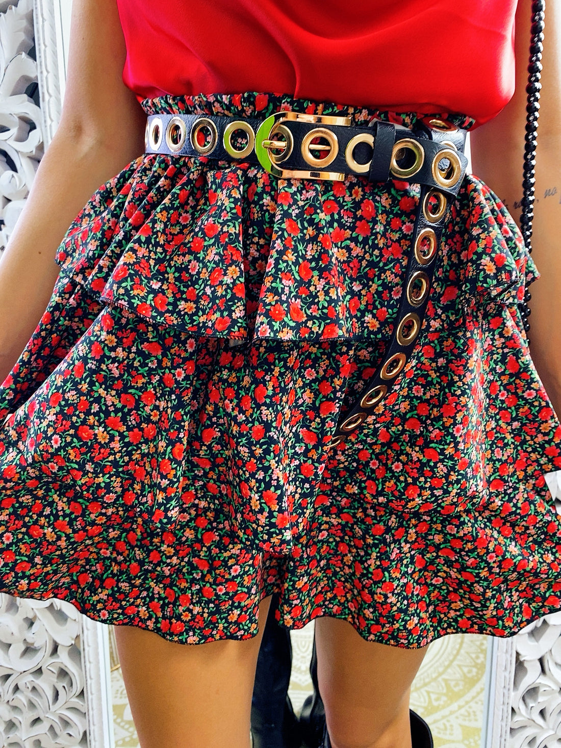 Gonna a balze con fiorellini rosso - R.a. Boutique 