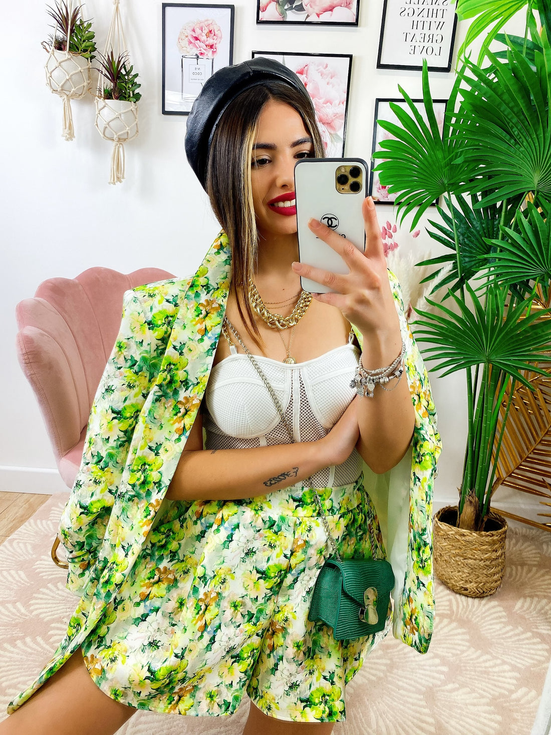 Completo Giacca e Short fiori lime - R.a. Boutique 