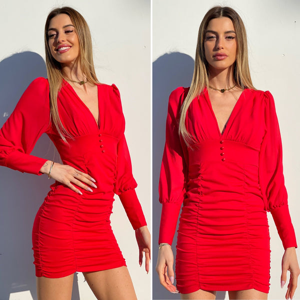 Schwarzes gerafftes Kleid mit Knöpfen