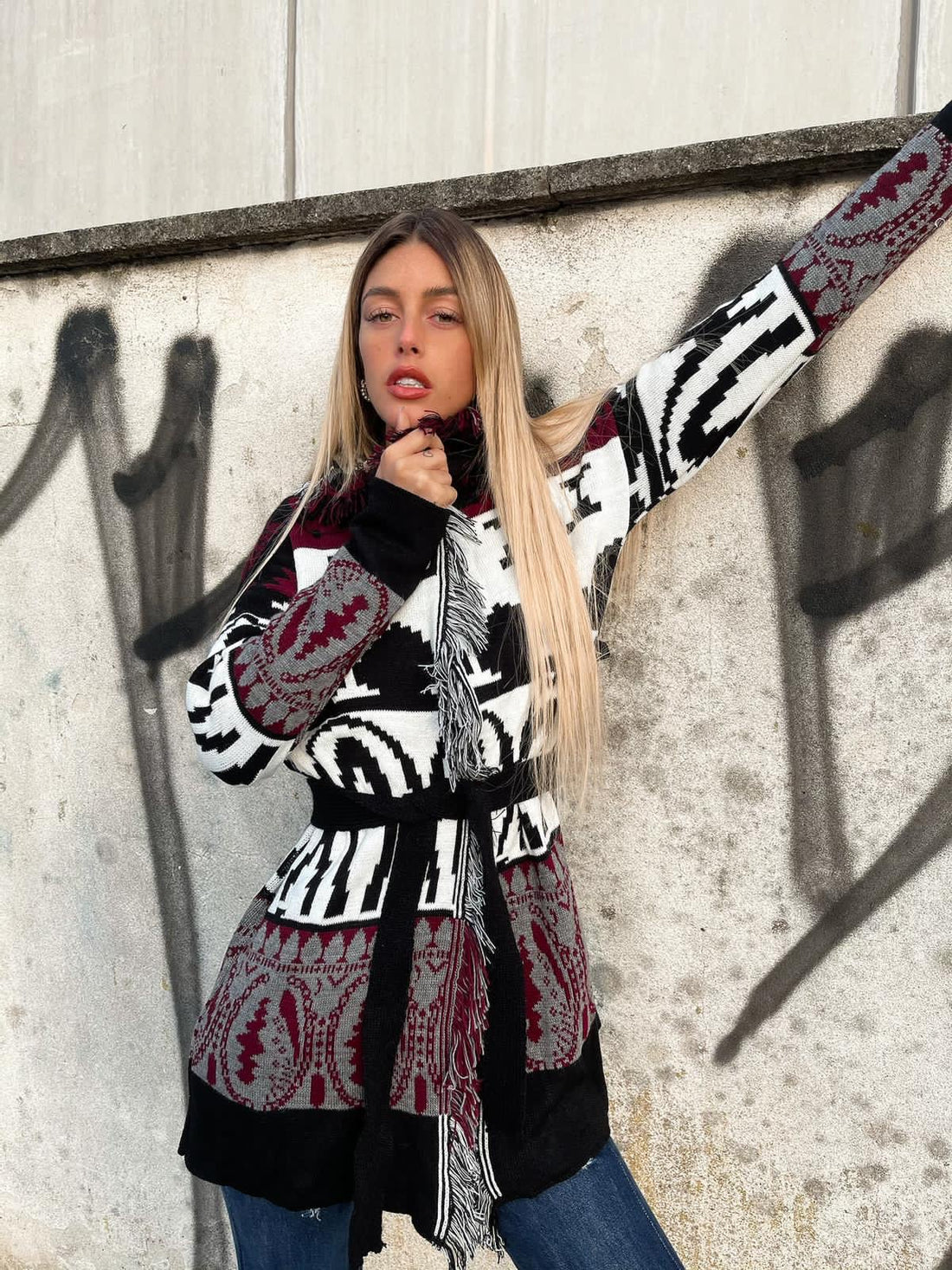 Cardigan Black/Bordeaux con frange e cinta - R.a. Boutique 