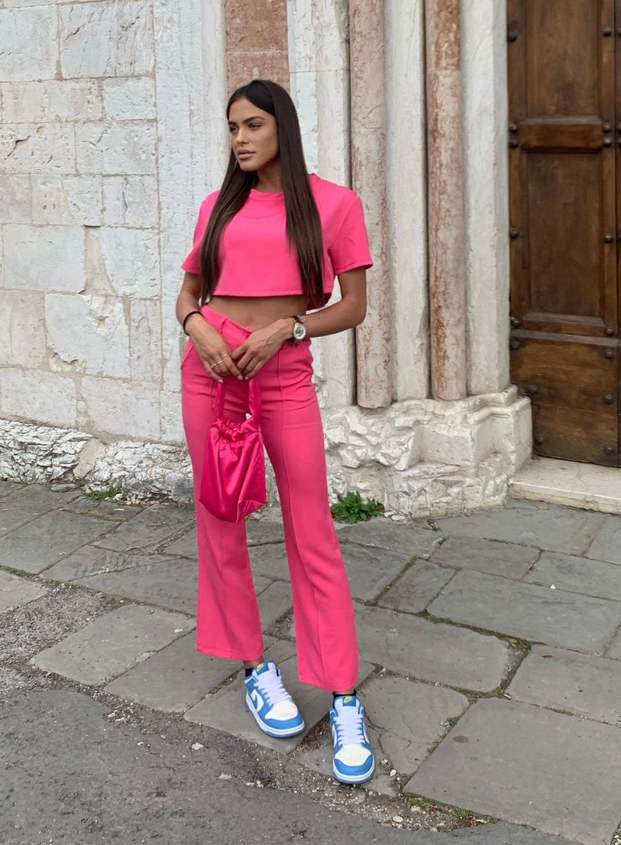 Completo maglia crop e pantalone Fuxia - R.a. Boutique 
