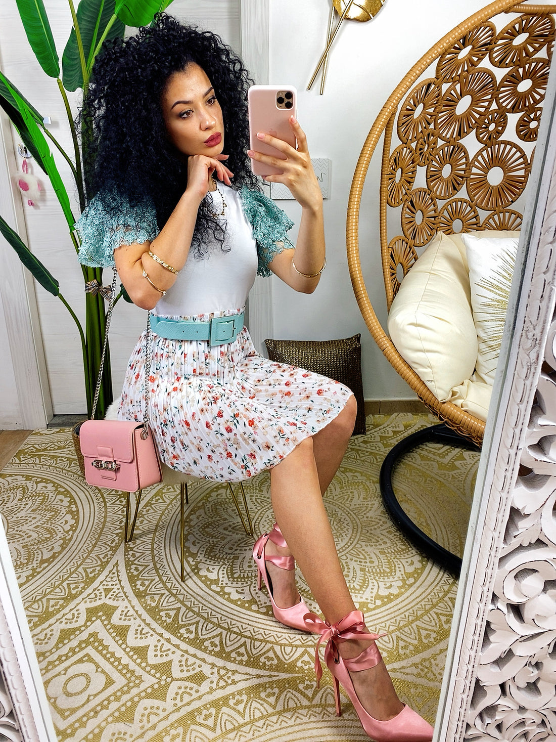 T- shirt con fiori  manica bombata verde acqua - R.a. Boutique 