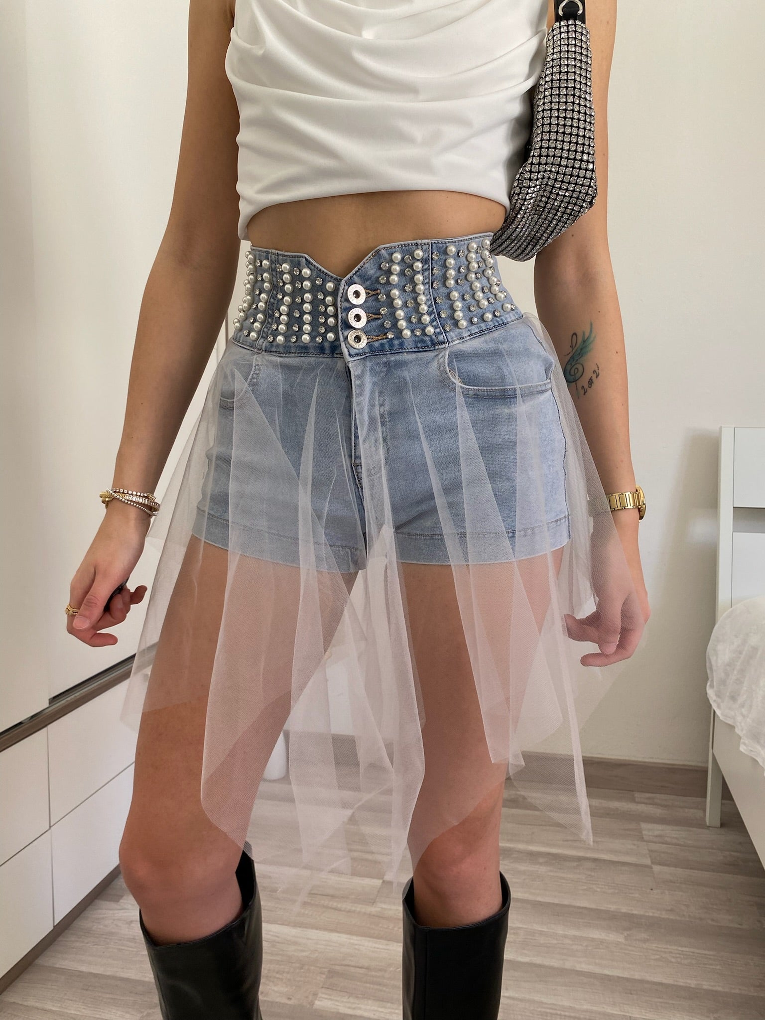 Pantalón Corto Short Con Tul Largo Short Vaquero Con Perlas Y Tul