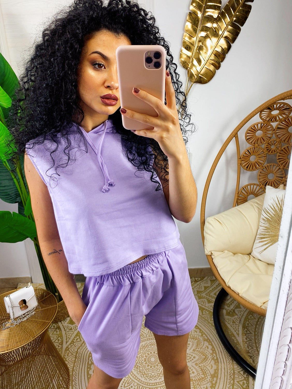 Sporty black and lilac shirt and shorts set