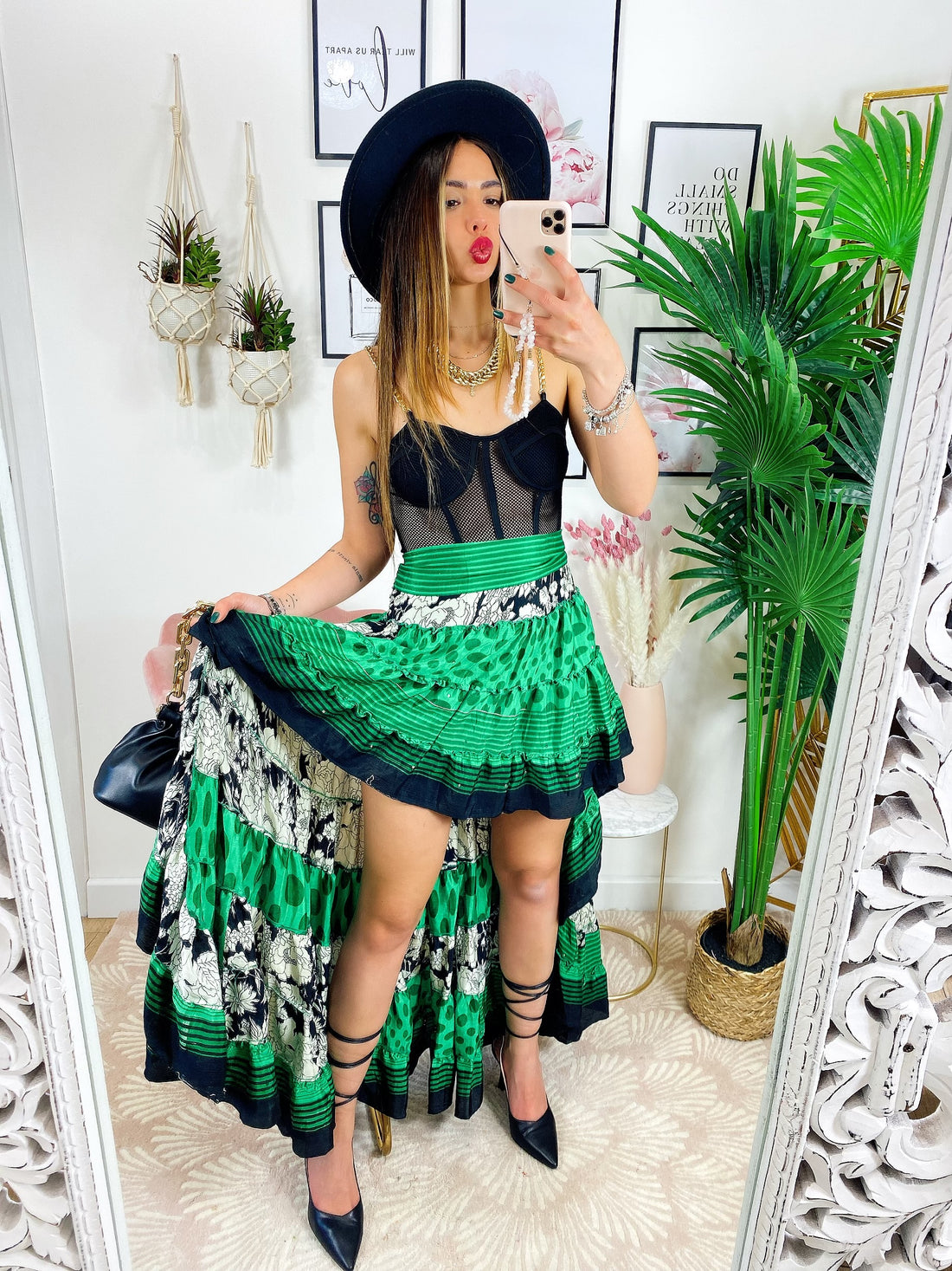 Gonna asimmetrica verde fuori bianchi - R.a. Boutique 