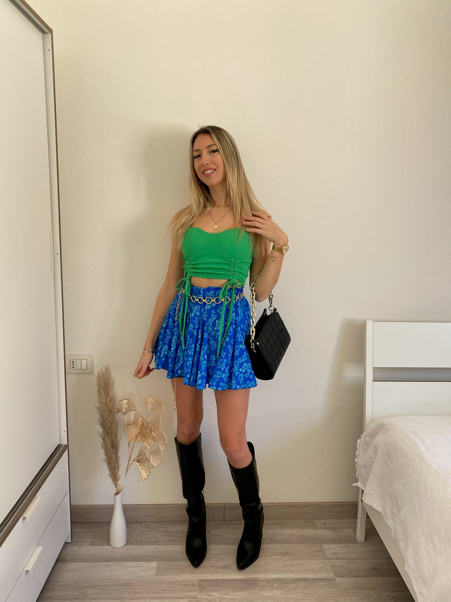 Gonna a ruota azzurra a fiorellini tiffany - R.a. Boutique 