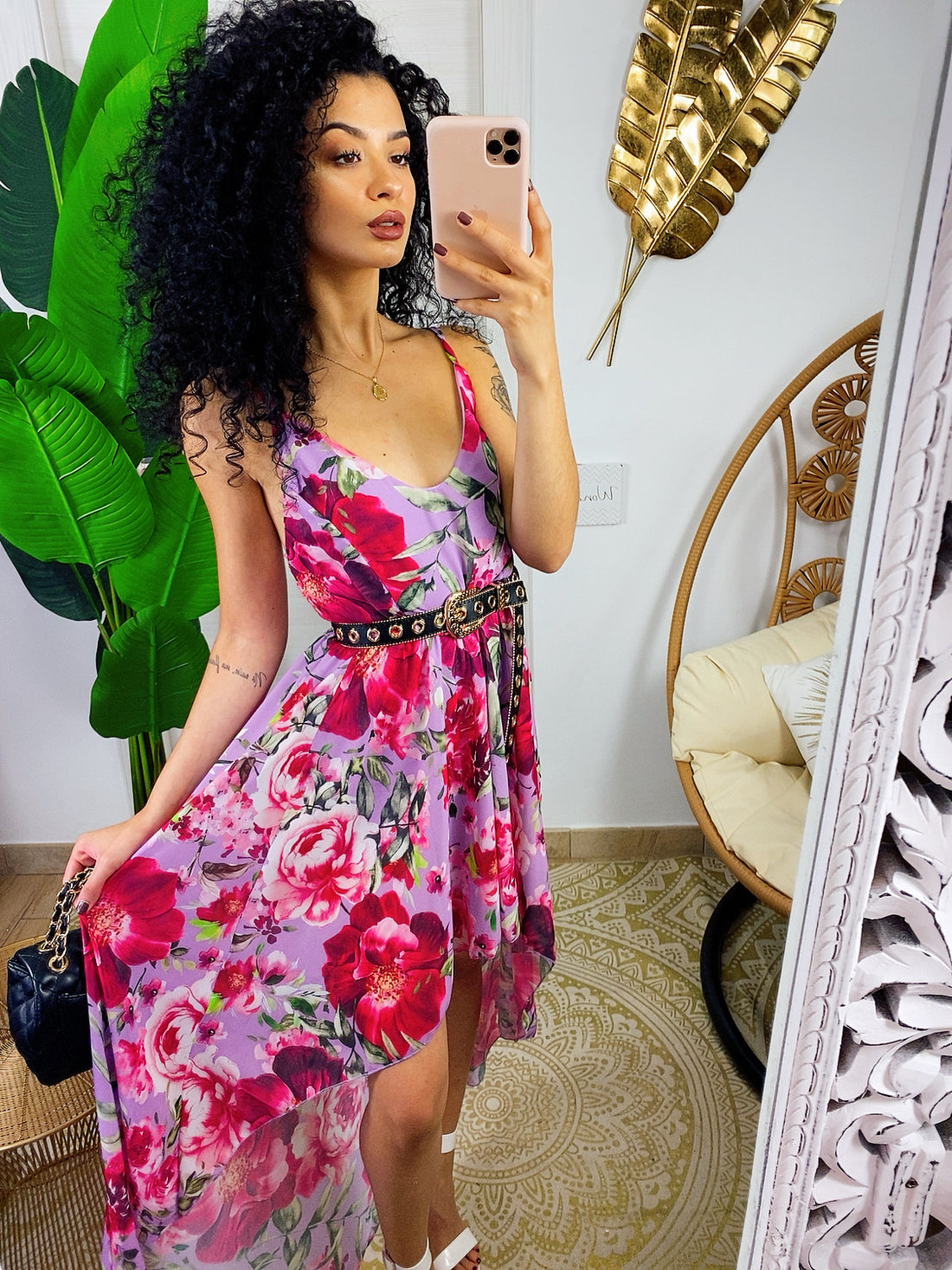 Abito con gonna asimmetrica e fiorellini base lilla - R.a. Boutique 