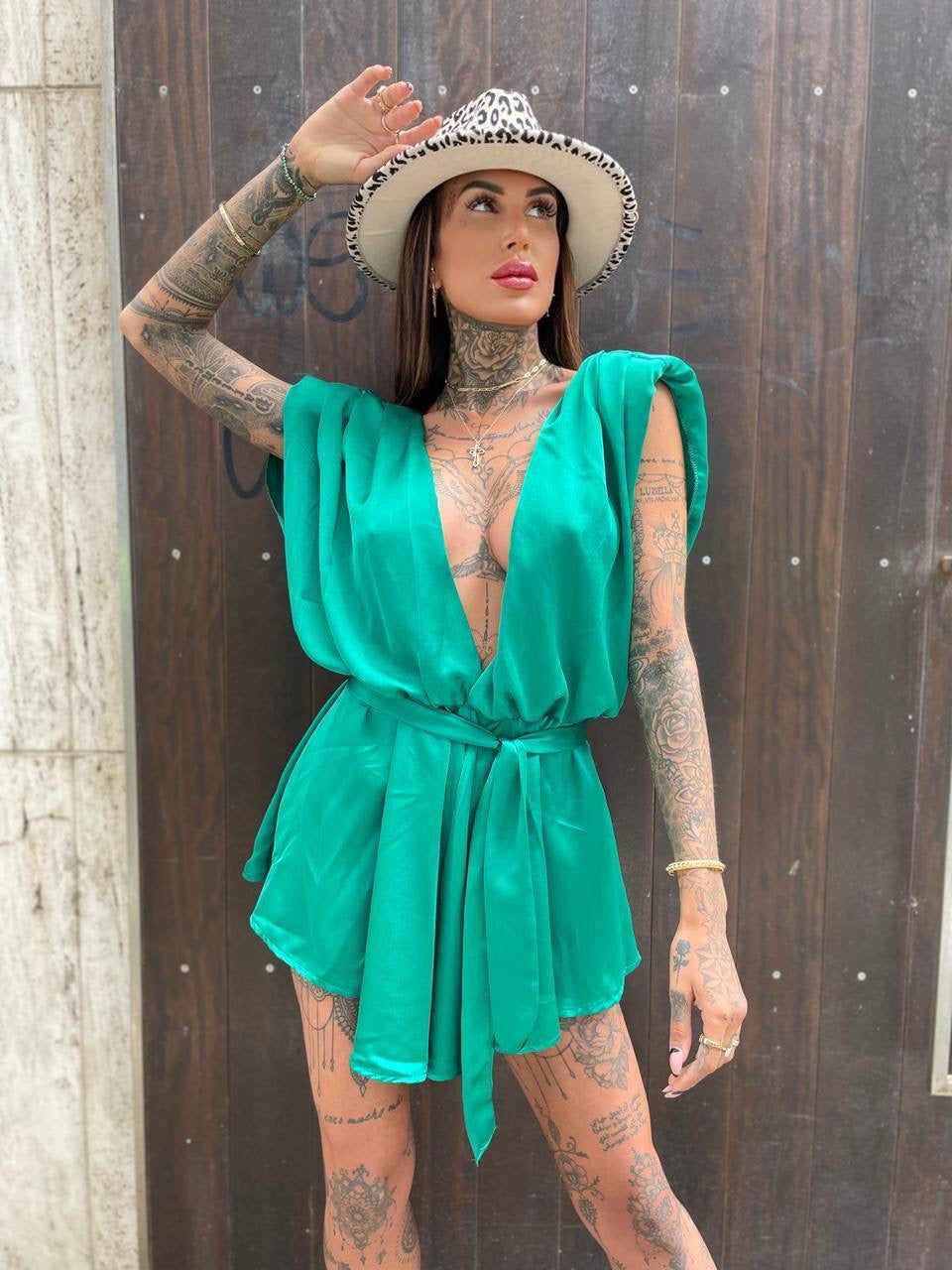 Tutina in raso verde - R.a. Boutique 