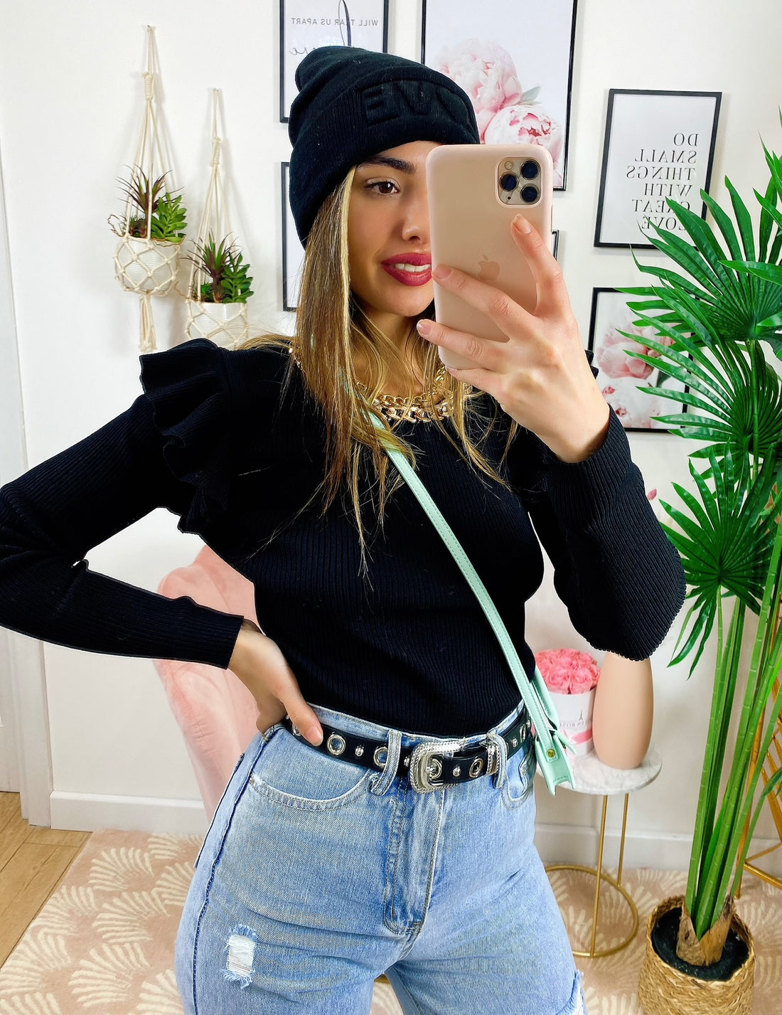 Maglia a costine con catena piccola oro e rouge - R.a. Boutique 