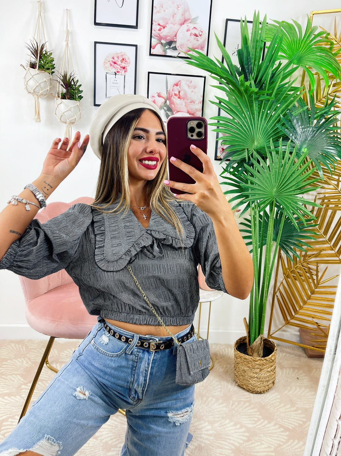 Camicetta Corta Nera con borsetta e arricciatura oro - R.a. Boutique 