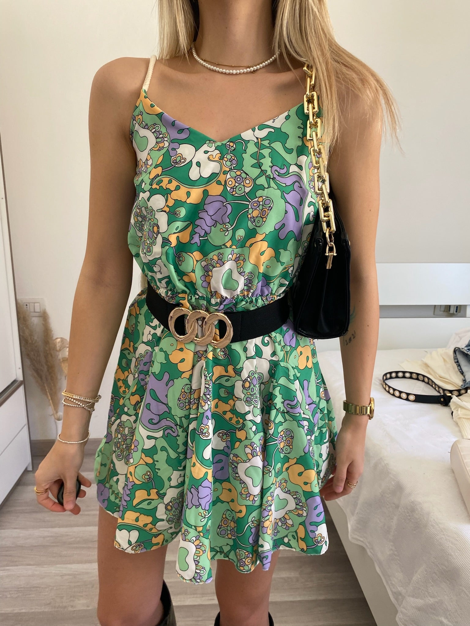 Abito verde e lilla spalline in corda - R.a. Boutique 