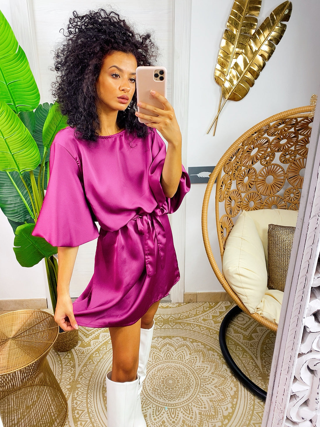 Abito in raso manica a palloncino e fusciacca peonia - R.a. Boutique 