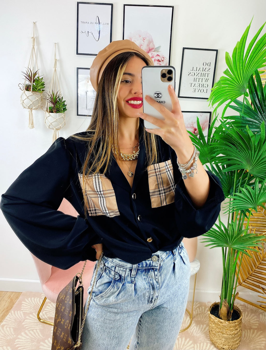 Camicia con tasca ricamata check nera - R.a. Boutique 