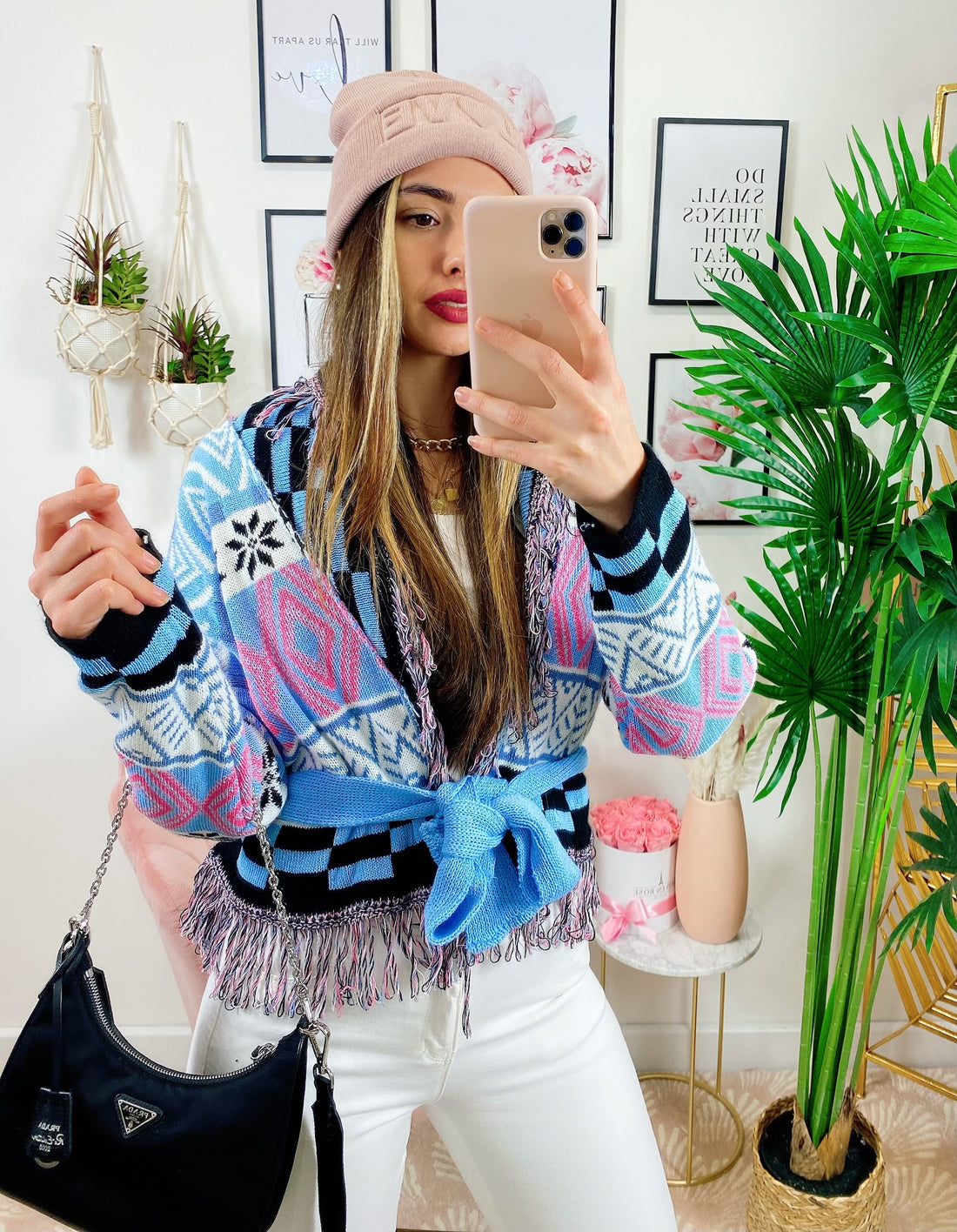 Cardigan corto frange e cinta base celeste - R.a. Boutique 