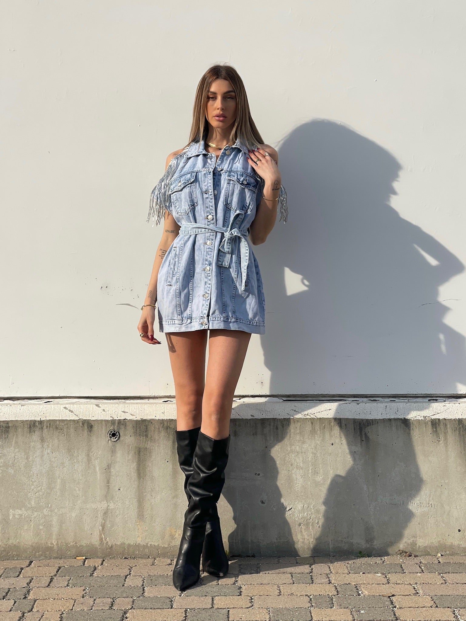 Abito in jeans con frange in paillettes - R.a. Boutique 