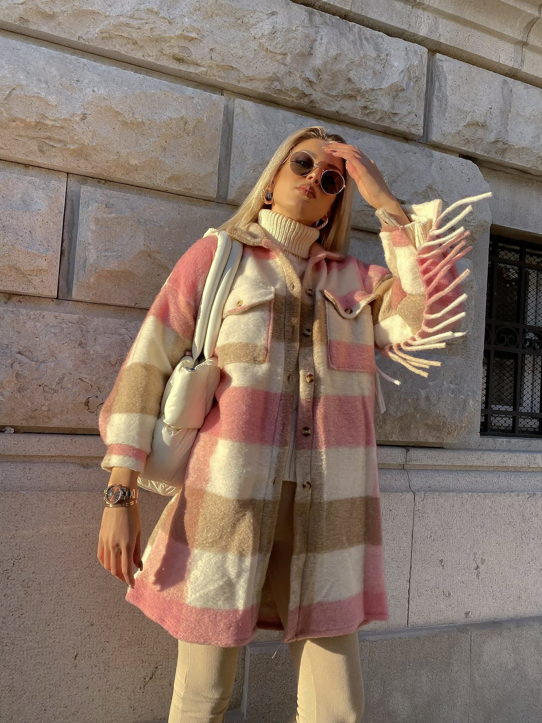 Giacca a quadri Rosa lunga con frange - R.a. Boutique 