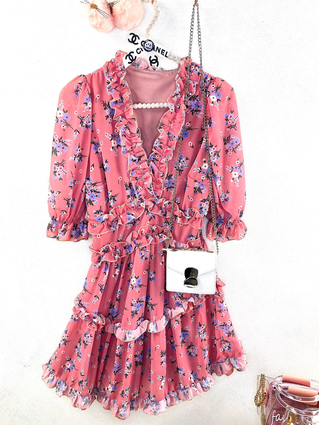 Abito a fiori con balza rosa - R.a. Boutique 