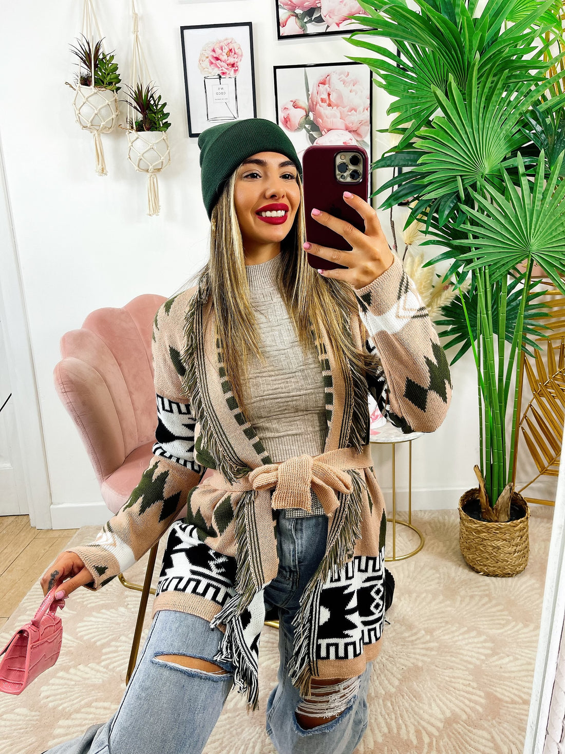 Cardigan frange e cinta dettaglio verde - R.a. Boutique 