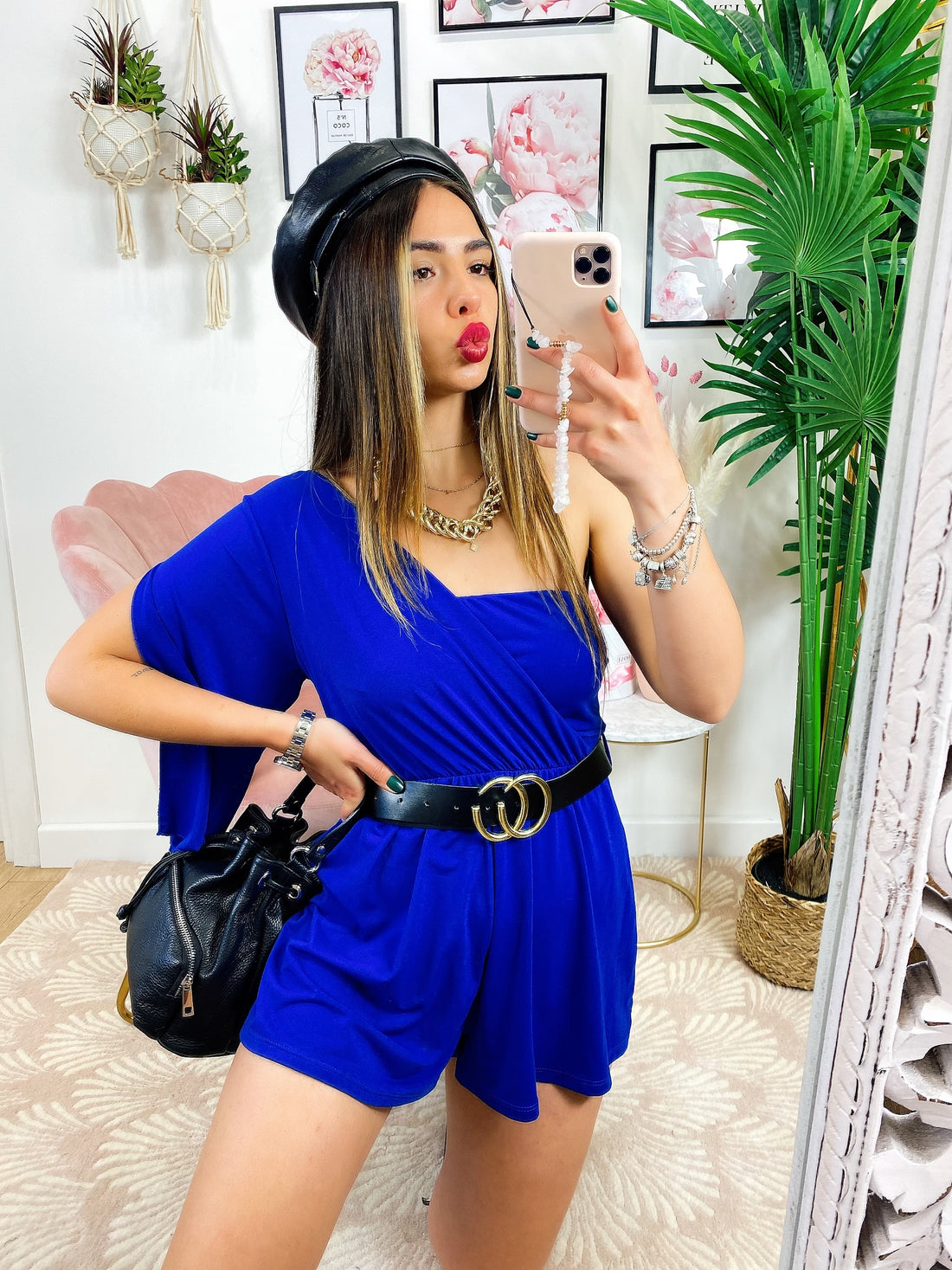 Tutina blu monospalla taglio a impero con cintura - R.a. Boutique 