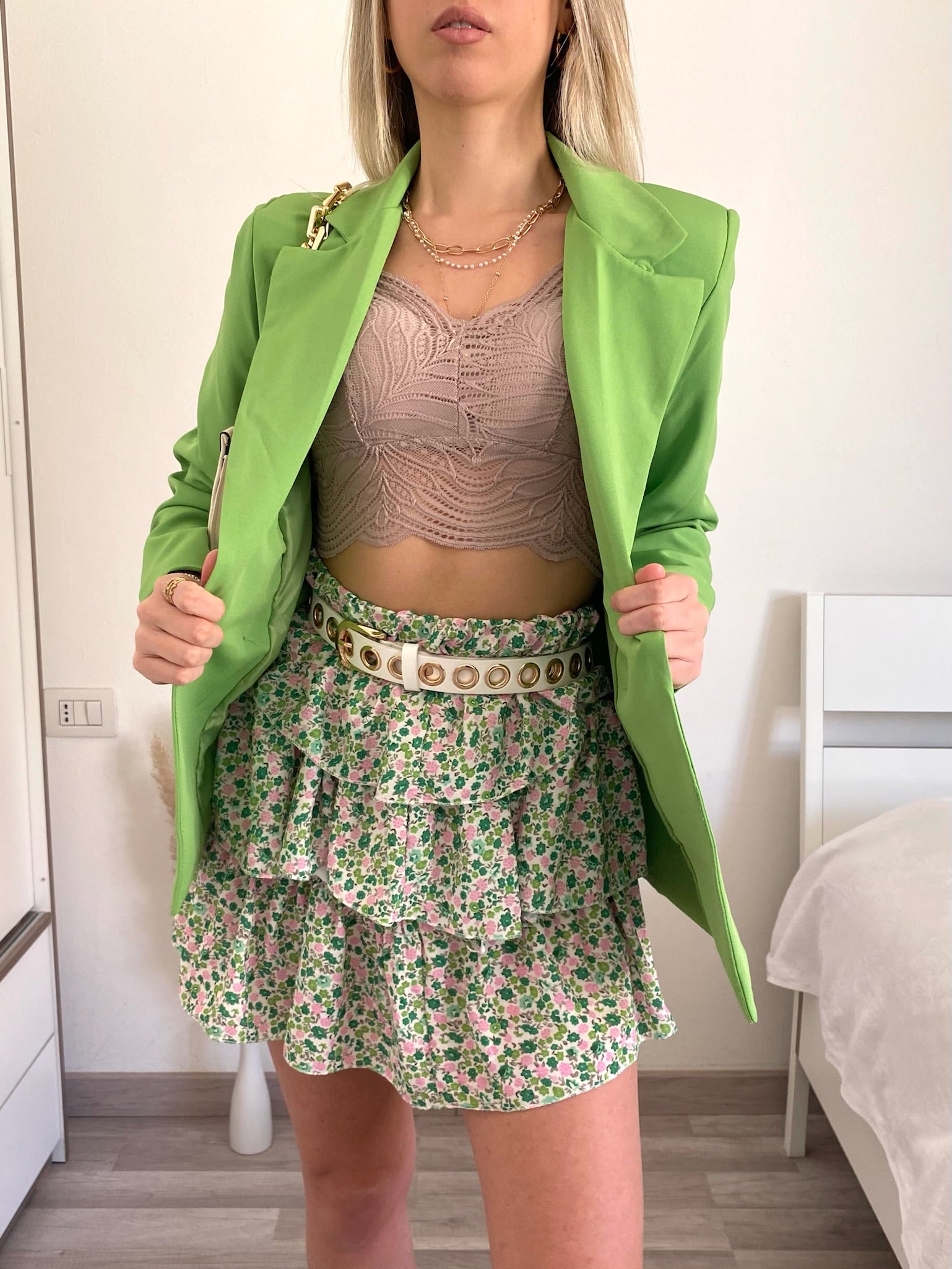 Gonna a balze con fiorellini verde - R.a. Boutique 