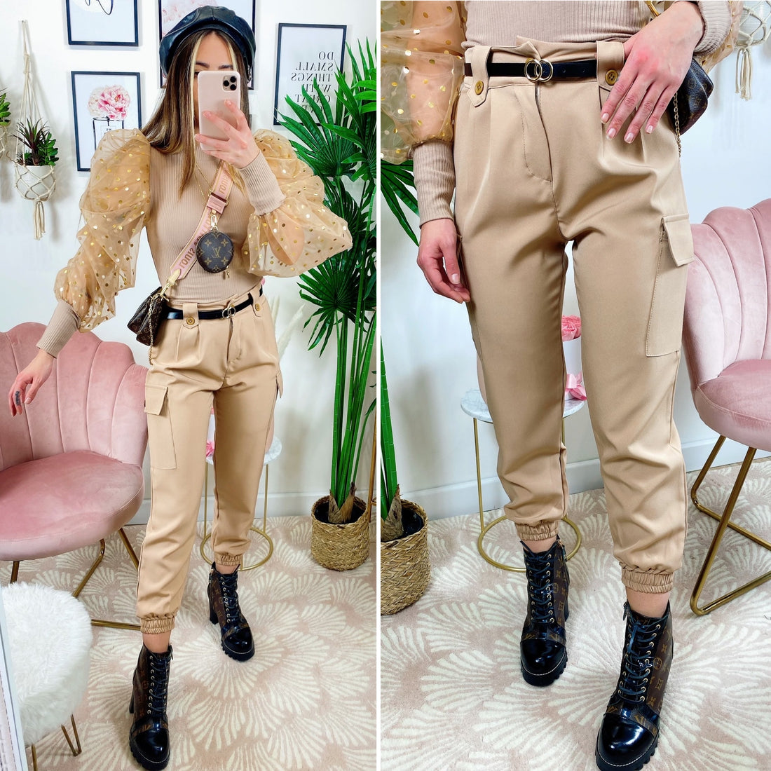 Pantalone con tasche laterali e cintura beige - R.a. Boutique 