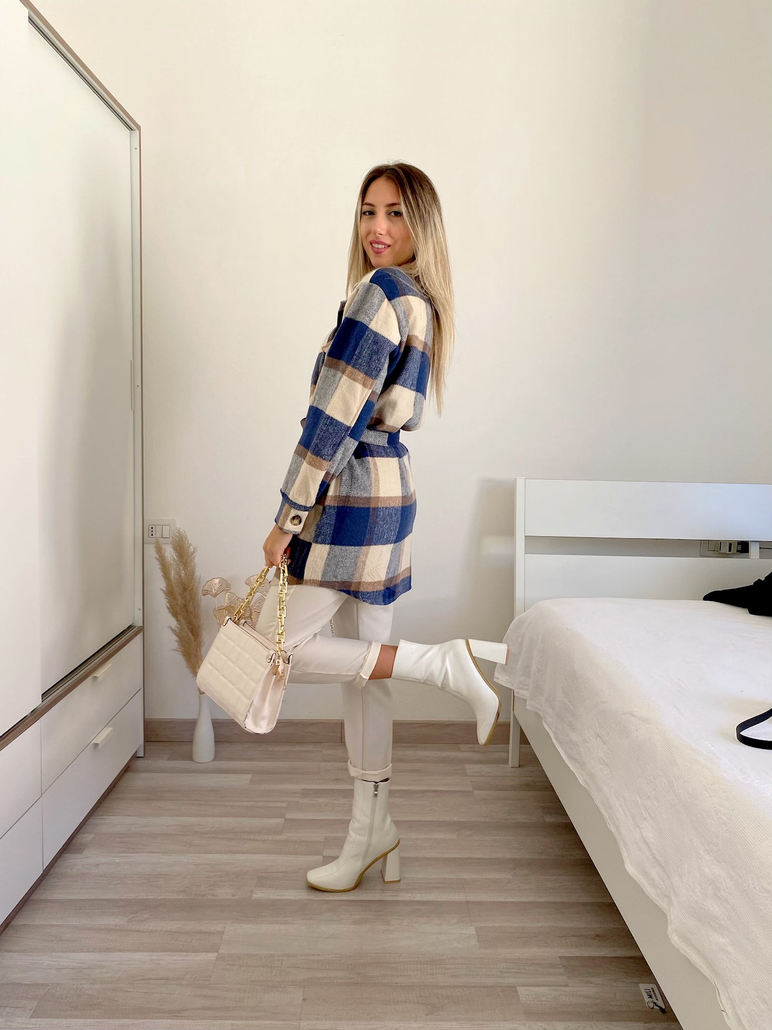 Giacca check nude e blu - R.a. Boutique 