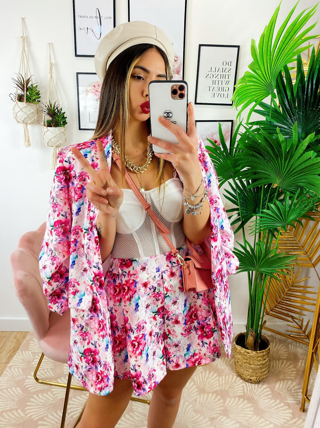 Completo Giacca e Short fiori fucsia - R.a. Boutique 