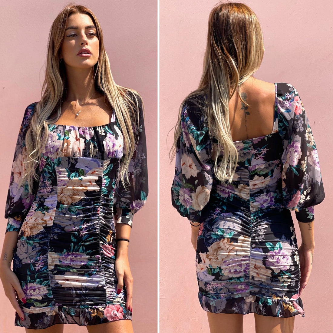 Abito arricciato nero con fiori rosa - R.a. Boutique 