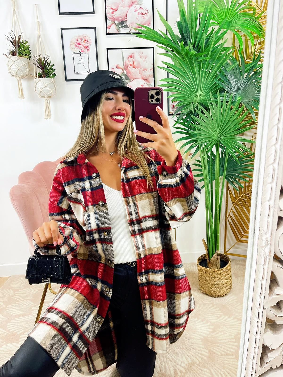 Giacca a quadri dettaglio rosso lunga - R.a. Boutique 