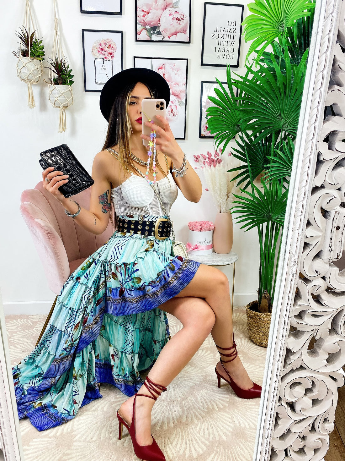 Gonna asimmetrica Verdeacqua con fiori - R.a. Boutique 