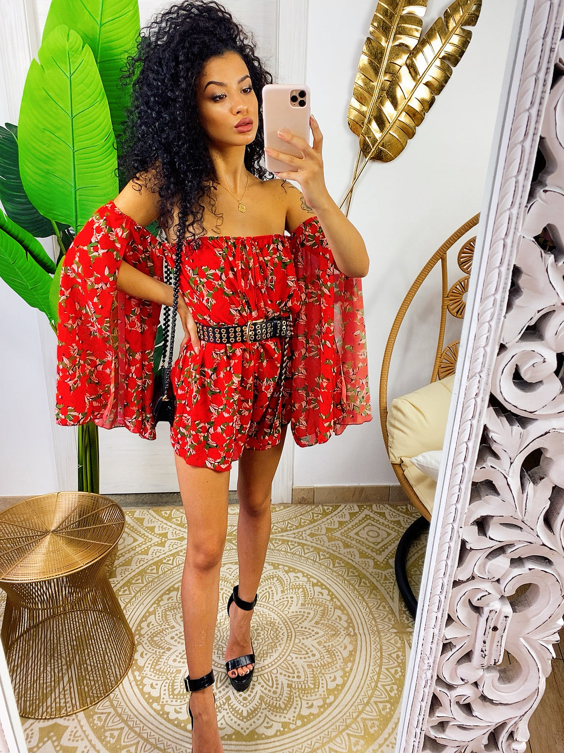 Tutina rossa manica velata con fiori - R.a. Boutique 