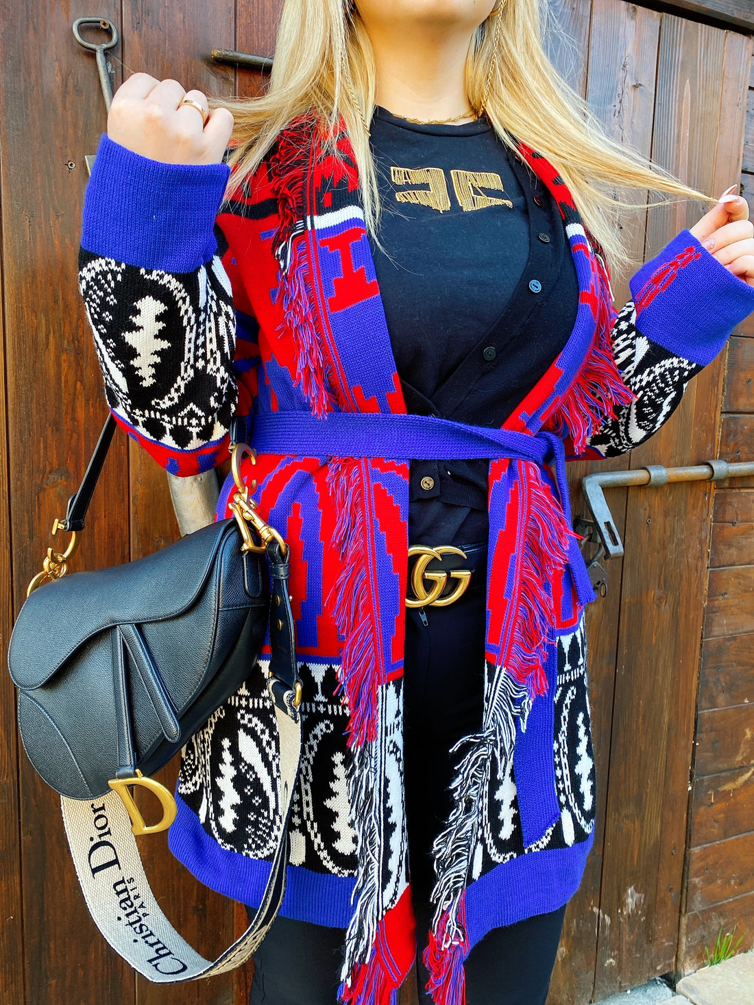 Cardigan rosso blu con frange e cinta - R.a. Boutique 