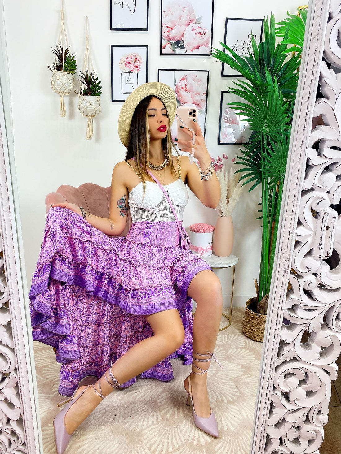 Gonna asimmetrica rosa ricami lilla - R.a. Boutique 