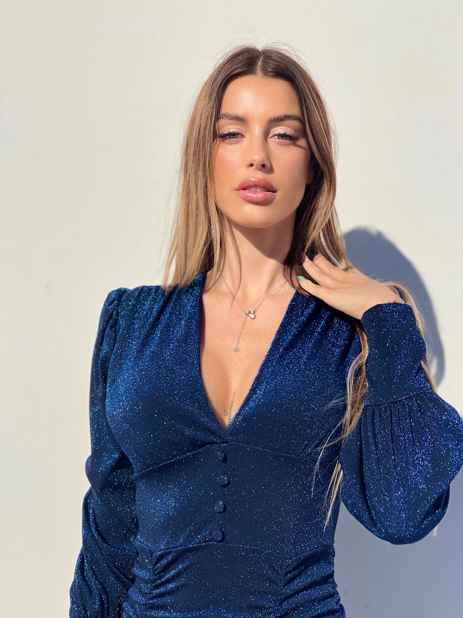 Abito glitter blu con bottoncini - R.a. Boutique 