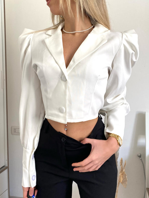 Weißes Crop-Shirt mit Ballonärmeln