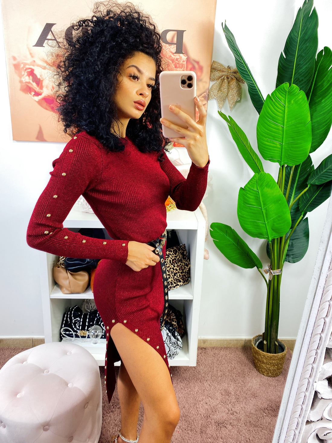 Abito midi Bordeaux con borchie e spacco - R.a. Boutique 